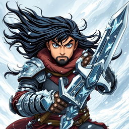 A young Human Barbarian illustrated in classic Dungeons & Dragons style, standing valiantly amidst a cold winter storm