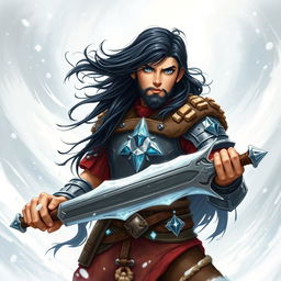 A young Human Barbarian illustrated in classic Dungeons & Dragons style, standing valiantly amidst a cold winter storm