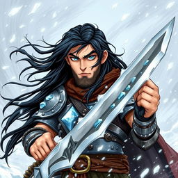 A young Human Barbarian illustrated in classic Dungeons & Dragons style, standing valiantly amidst a cold winter storm