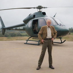 Introduce a new character stepping out from the helicopter - Alan Grant, a renowned paleontologist. He stands on the helipad, the allure of real-life dinosaurs overpowering his initial shock, greeted by a welcoming John Hammond.