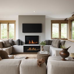 A rectangular Scandinavian style living room with a television facing a comfortable L-shaped couch and chair. In one corner, windows are installed next to a cozy fireplace, allowing natural light into the room.