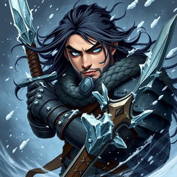 An edgy, dark-themed Young Human Barbarian illustrated in a Dungeons & Dragons style, bracing against a fierce cold winter storm