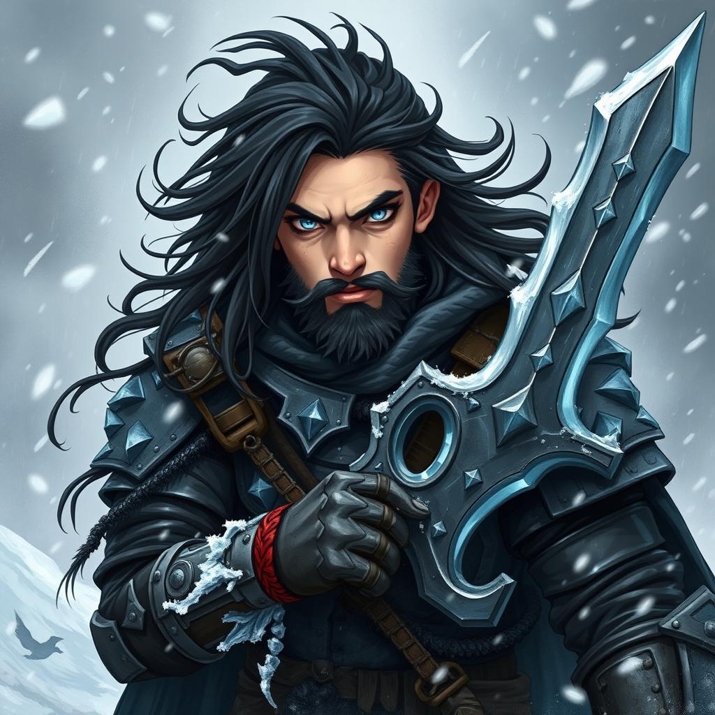 An edgy, dark-themed Young Human Barbarian illustrated in a Dungeons & Dragons style, bracing against a fierce cold winter storm