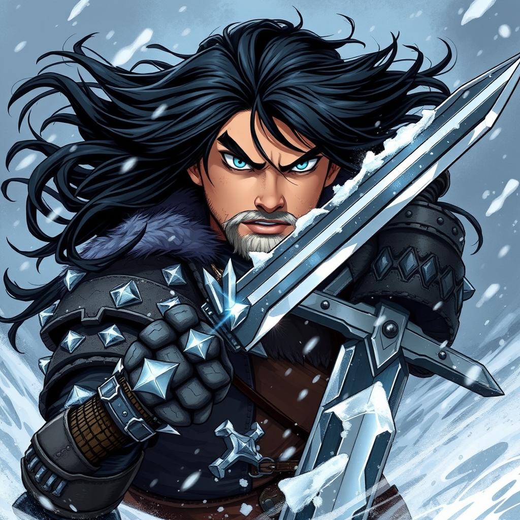 An edgy, dark-themed Young Human Barbarian illustrated in a Dungeons & Dragons style, bracing against a fierce cold winter storm