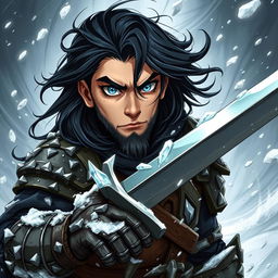 An edgy, dark-themed Young Human Barbarian illustrated in a Dungeons & Dragons style, bracing against a fierce cold winter storm