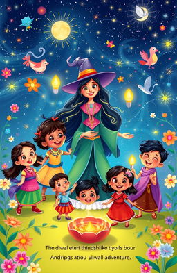 A whimsical storybook illustration featuring six diverse young friends—Chinuu, Minuu, Tukuu, Vicky, Bunty, and Sonu—surrounded by a magical landscape filled with sparkling lights, colorful flowers, and enchanting creatures