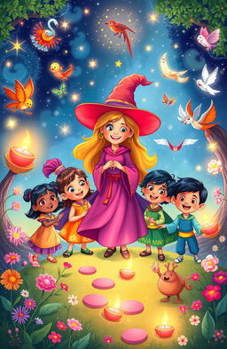 A whimsical storybook illustration featuring six diverse young friends—Chinuu, Minuu, Tukuu, Vicky, Bunty, and Sonu—surrounded by a magical landscape filled with sparkling lights, colorful flowers, and enchanting creatures