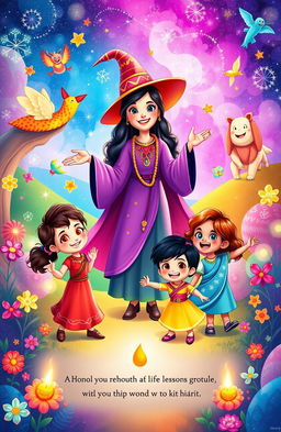 A whimsical storybook illustration featuring six diverse young friends—Chinuu, Minuu, Tukuu, Vicky, Bunty, and Sonu—surrounded by a magical landscape filled with sparkling lights, colorful flowers, and enchanting creatures