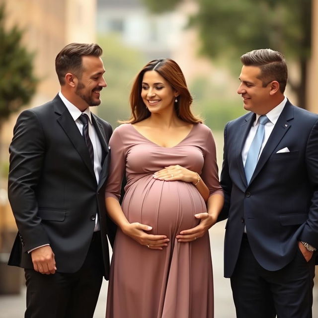 Two well-dressed men in sharp suits, standing confidently on either side of a radiant pregnant woman