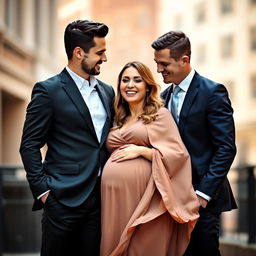 Two well-dressed men in sharp suits, standing confidently on either side of a radiant pregnant woman