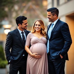 Two well-dressed men in sharp suits, standing confidently on either side of a radiant pregnant woman