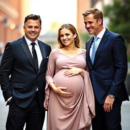 Two well-dressed men in sharp suits, standing confidently on either side of a radiant pregnant woman