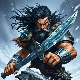 A Human Barbarian depicted in a Dungeons & Dragons style, showcasing a powerful presence amidst a fierce blizzard