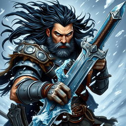 A Human Barbarian depicted in a Dungeons & Dragons style, showcasing a powerful presence amidst a fierce blizzard