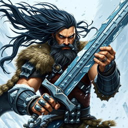 A Human Barbarian depicted in a Dungeons & Dragons style, showcasing a powerful presence amidst a fierce blizzard