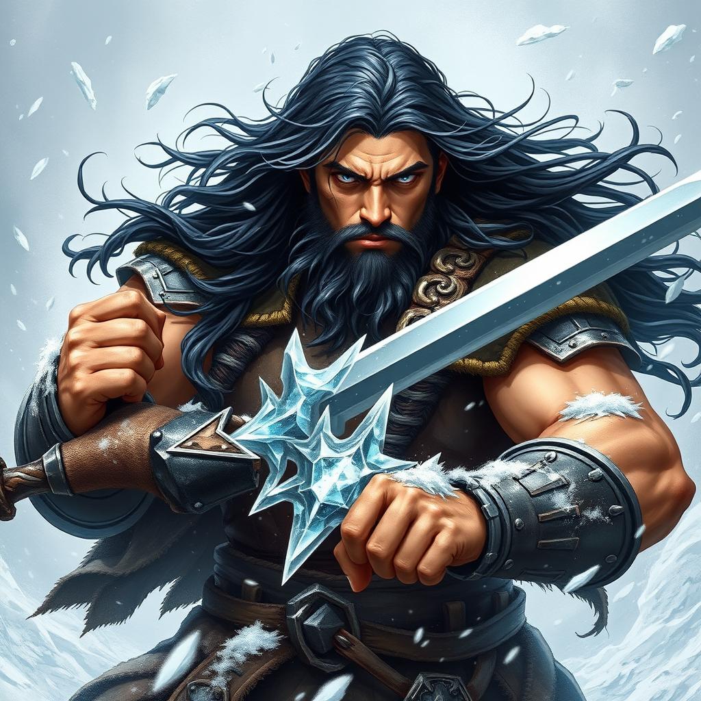 A Human Barbarian depicted in a Dungeons & Dragons style, showcasing a powerful presence amidst a fierce blizzard