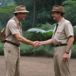 Show Dr. Alan Grant shaking hands with an individual dressed in an iconic Jurassic Park uniform, symbolizing his initiation into this awe-inspiring world of prehistory resurrected by John Hammond on Isla Nublar.