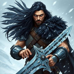 A Dungeons & Dragons Human Barbarian standing defiantly in a blizzard, showcasing a striking presence