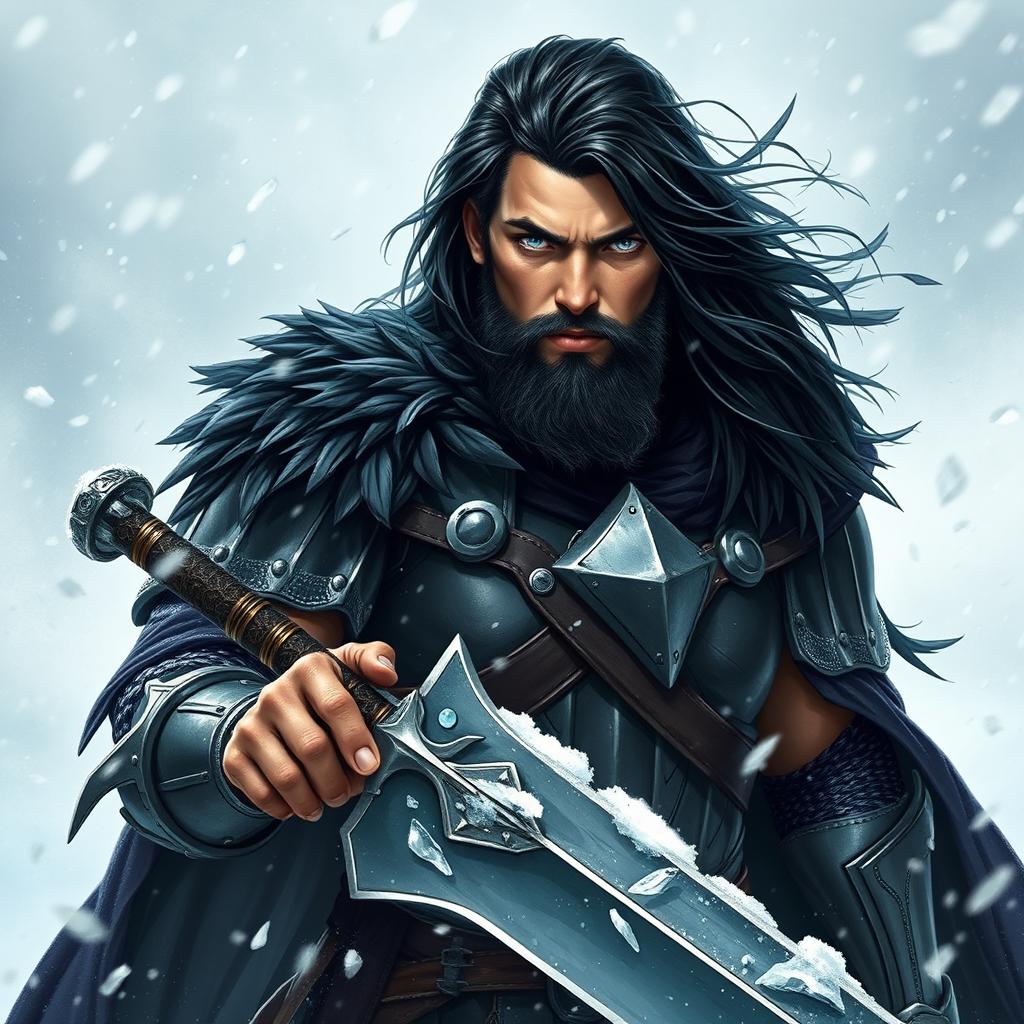 A Dungeons & Dragons Human Barbarian standing defiantly in a blizzard, showcasing a striking presence