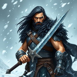 A Dungeons & Dragons Human Barbarian standing defiantly in a blizzard, showcasing a striking presence