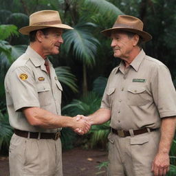 Show Dr. Alan Grant shaking hands with an individual dressed in an iconic Jurassic Park uniform, symbolizing his initiation into this awe-inspiring world of prehistory resurrected by John Hammond on Isla Nublar.