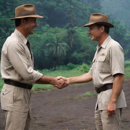 Show Dr. Alan Grant shaking hands with an individual dressed in an iconic Jurassic Park uniform, symbolizing his initiation into this awe-inspiring world of prehistory resurrected by John Hammond on Isla Nublar.