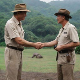 Show Dr. Alan Grant shaking hands with an individual dressed in an iconic Jurassic Park uniform, symbolizing his initiation into this awe-inspiring world of prehistory resurrected by John Hammond on Isla Nublar.