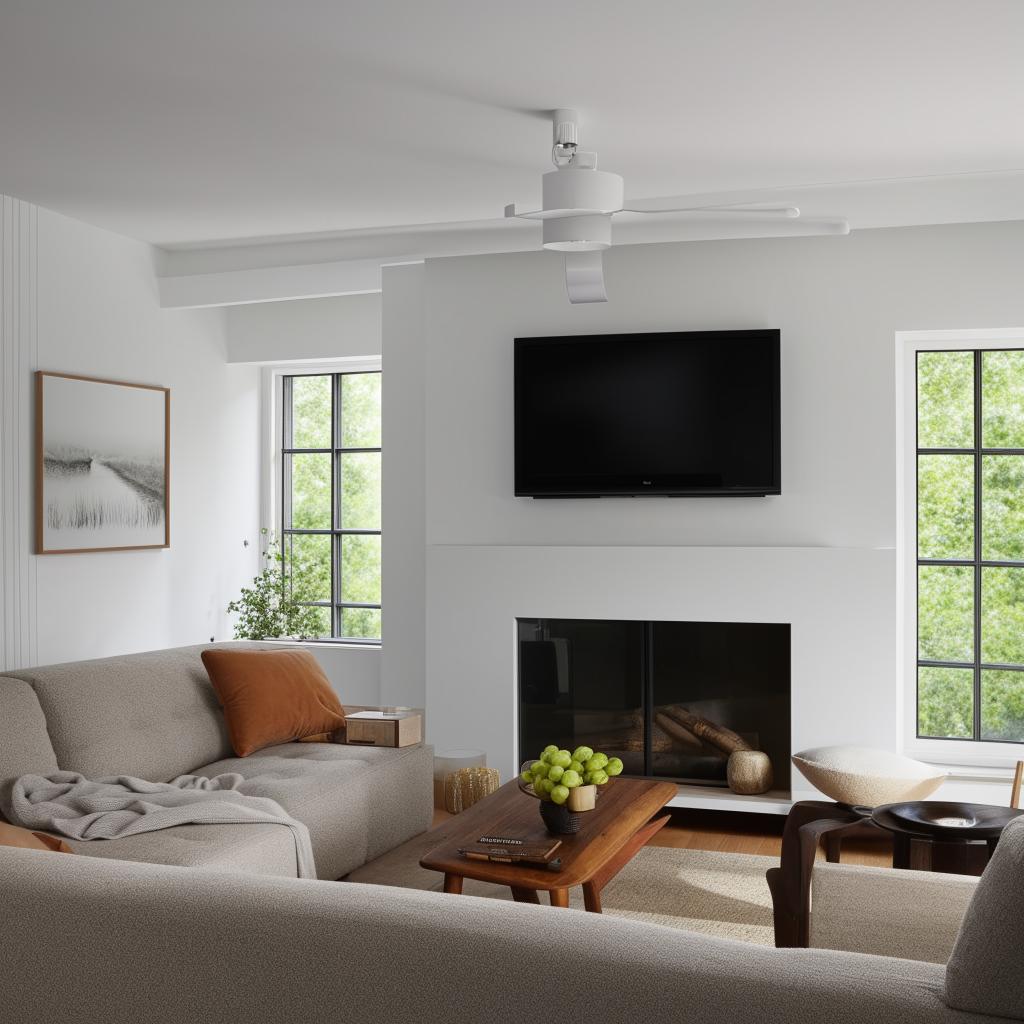 A rectangular Scandinavian style living room with a television facing a comfortable L-shaped couch and chair. In one corner, windows are installed next to a cozy fireplace, allowing natural light into the room.