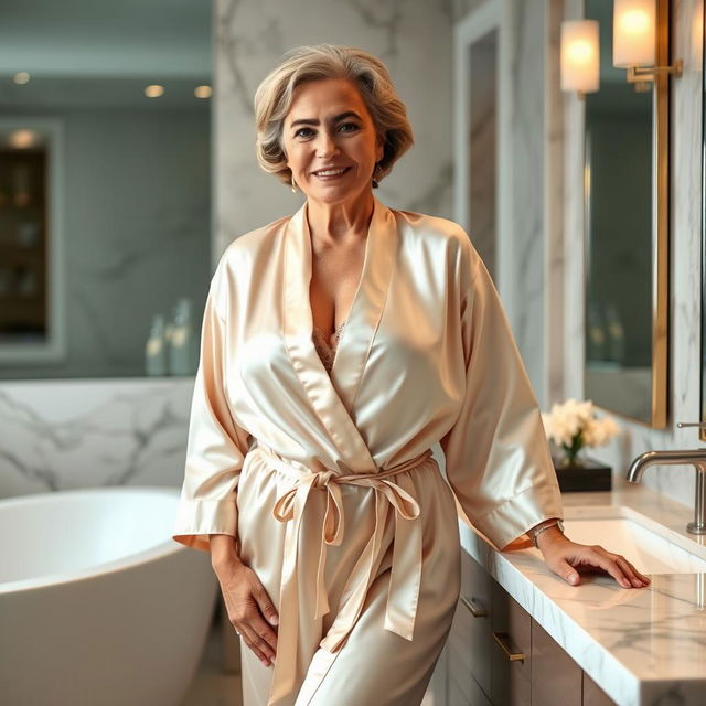 A 63-year-old woman with curvy hips and a slim waist, wearing a satin kimono-style robe, cinched at the waist with a lace bralette underneath