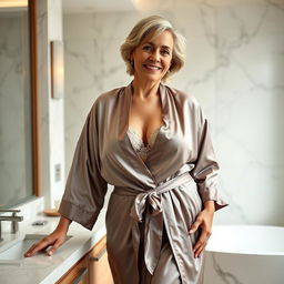 A 63-year-old woman with curvy hips and a slim waist, wearing a satin kimono-style robe, cinched at the waist with a lace bralette underneath