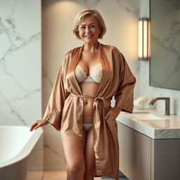 A 63-year-old woman with curvy hips and a slim waist, wearing a luxurious satin kimono-style robe that is open at the waist, revealing a delicate lace bralette underneath