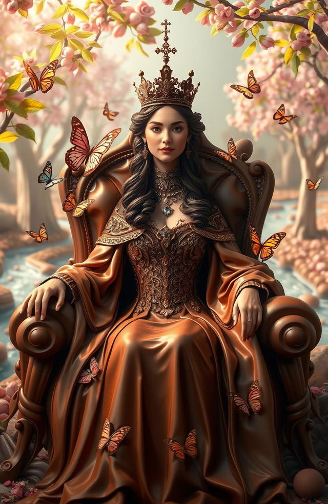 A regal chocolate-themed queen adorned in luxurious chocolate garments, sitting elegantly on a throne made of chocolate