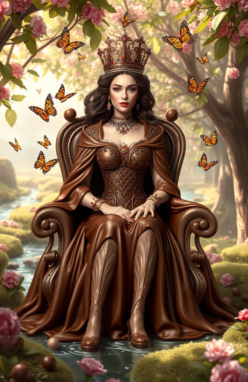 A regal chocolate-themed queen adorned in luxurious chocolate garments, sitting elegantly on a throne made of chocolate