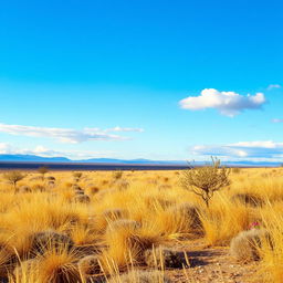 An expansive scrubland environment featuring golden grasses swaying in the breeze, scattered shrubs and small flowering plants