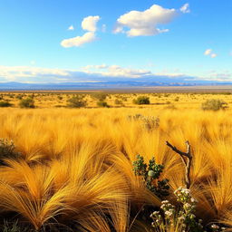 An expansive scrubland environment featuring golden grasses swaying in the breeze, scattered shrubs and small flowering plants