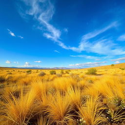 An expansive scrubland environment featuring golden grasses swaying in the breeze, scattered shrubs and small flowering plants