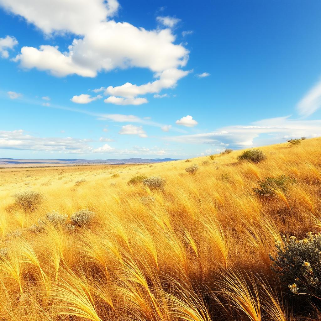 An expansive scrubland environment featuring golden grasses swaying in the breeze, scattered shrubs and small flowering plants