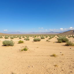 An expansive scrubland environment featuring a dusty, earthen ground with patches of dirt and sparse vegetation