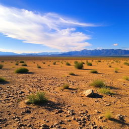 An expansive scrubland environment featuring a dusty, earthen ground with patches of dirt and sparse vegetation