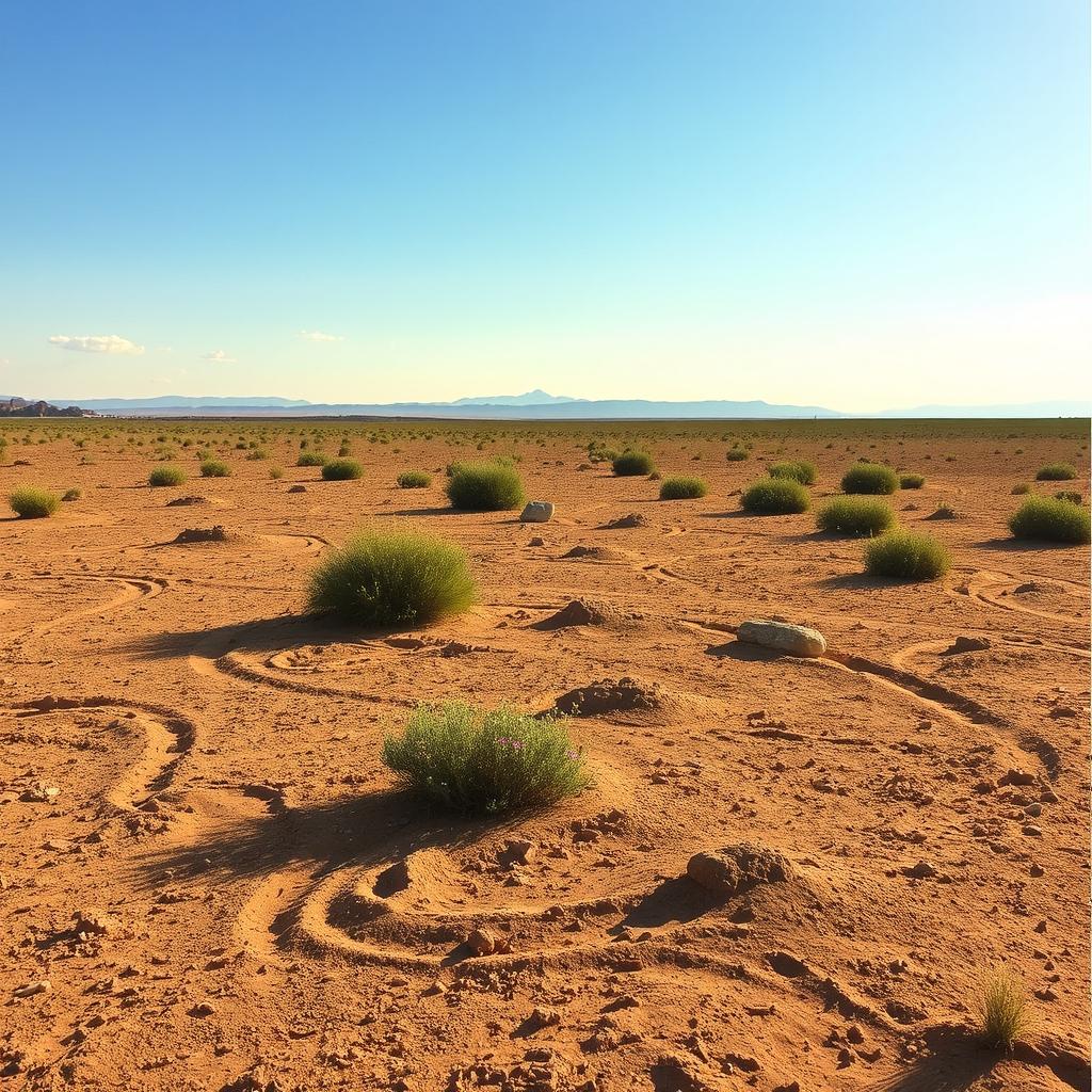 An expansive scrubland environment featuring a dusty, earthen ground with patches of dirt and sparse vegetation