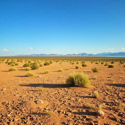 An expansive scrubland environment featuring a dusty, earthen ground with patches of dirt and sparse vegetation