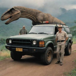 Create a scene of Dr. Alan Grant boarding a Jurassic Park-branded vehicle with the uniformed individual. The car embarks on a journey across the dinosaur-studded landscape under the watchful gaze of a proud John Hammond.