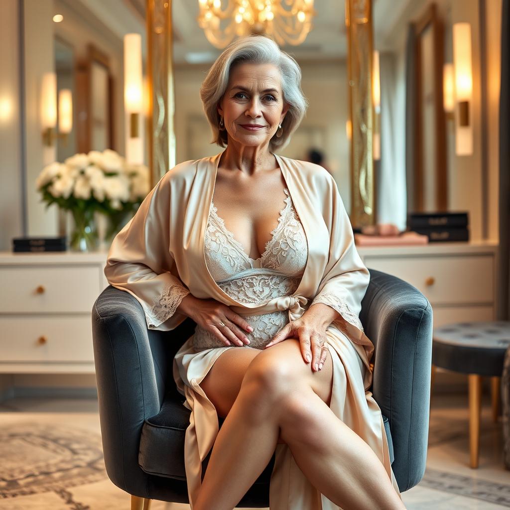 A 64-year-old woman with soft curves and full hips, elegantly wearing a delicate lace lingerie set and a luxurious silk robe draped over her shoulders