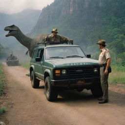 Create a scene of Dr. Alan Grant boarding a Jurassic Park-branded vehicle with the uniformed individual. The car embarks on a journey across the dinosaur-studded landscape under the watchful gaze of a proud John Hammond.