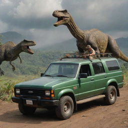 Create a scene of Dr. Alan Grant boarding a Jurassic Park-branded vehicle with the uniformed individual. The car embarks on a journey across the dinosaur-studded landscape under the watchful gaze of a proud John Hammond.