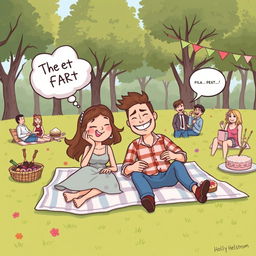 A whimsical and humorous illustration that captures the essence of a romantic comedy titled 'The Fart' by Holly Helstrom