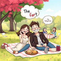 A whimsical and humorous illustration that captures the essence of a romantic comedy titled 'The Fart' by Holly Helstrom