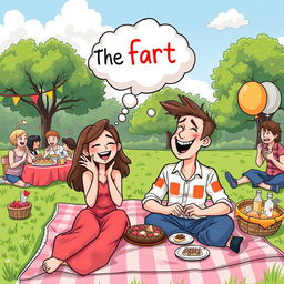 A whimsical and humorous illustration that captures the essence of a romantic comedy titled 'The Fart' by Holly Helstrom