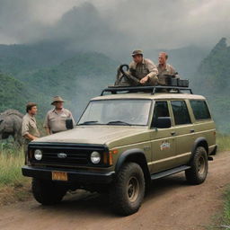 Create a scene of Dr. Alan Grant boarding a Jurassic Park-branded vehicle with the uniformed individual. The car embarks on a journey across the dinosaur-studded landscape under the watchful gaze of a proud John Hammond.