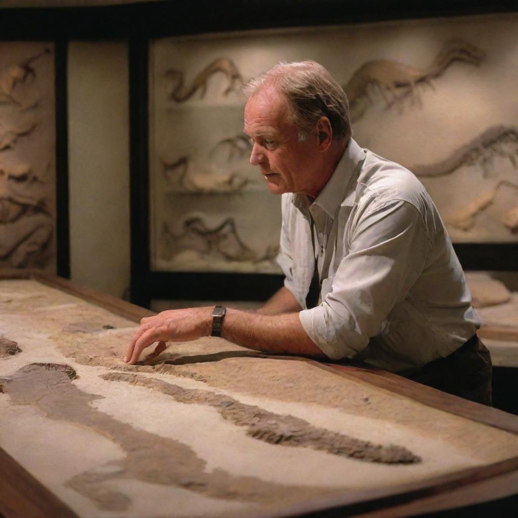 Translate Dr. Alan Grant's fascination into an image, showing him inside Jurassic Park's visitor center, in awe as he studies the impressively displayed dinosaur fossils, symbolizing the blend of past and present on Isla Nublar.